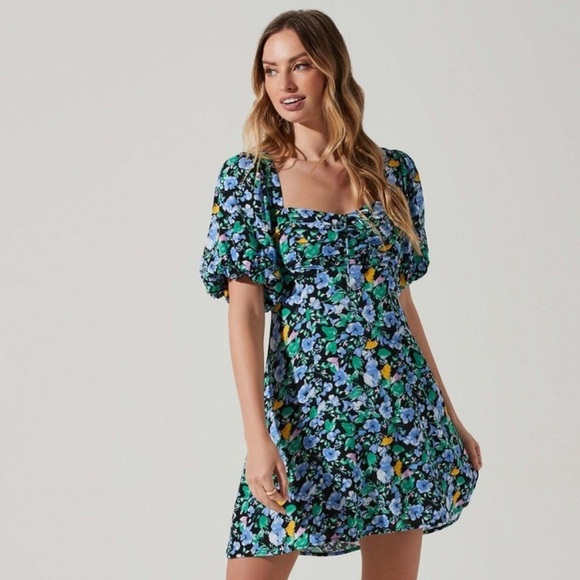 Astr Blue and Green Puff Sleeve Mini Dress Medium - Picture 1 of 5